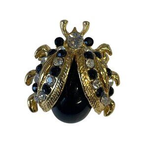 Vintage-Inspired Gold & Rhinestone Ladybug‎ Brooch Pin Black & Clear Stones